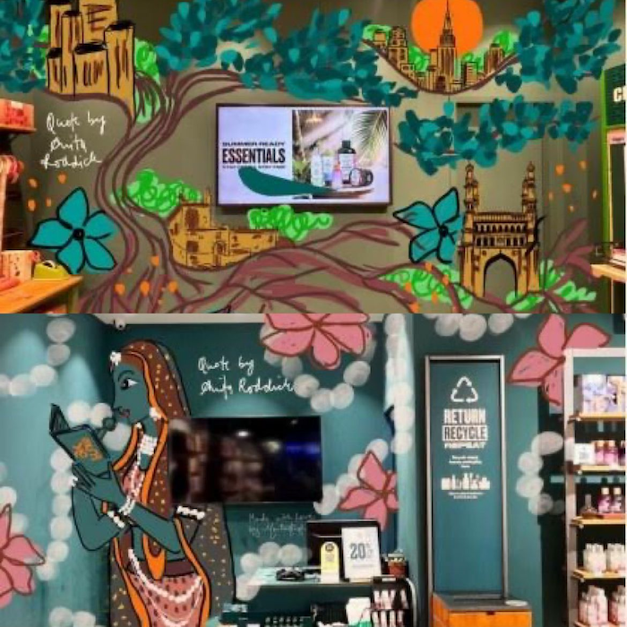 Locally relevant mural designs at The Body Shop’s InOrbit Mall, Cyberabad and Forum Sujana, Hyderabad stores in Telangana