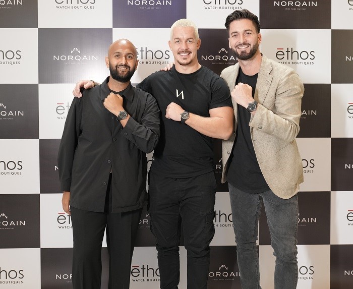 (L-R) Mr. Pranav Saboo, MD & CEO Ethos Limited, Dean Schneider, NORQAIN’s Wildlife Ambassador and Mr. Tobias Keuffer, VP NORQAIN at a recent event in New Delhi for NORQAIN showcase of 'Wild One Hakuna Mipaka' collection