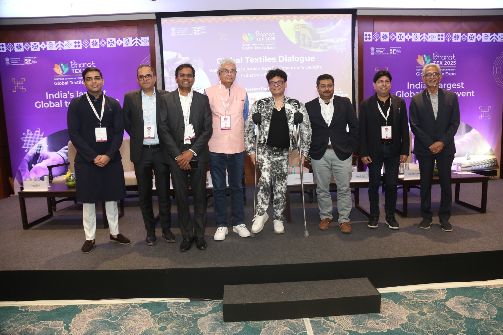 L-R: Vedant Modi, Chief Revenue Officer, Vedant Fashions Ltd. (Manyavar); Rakesh Biyani, Mentor, Nexon Omniverse Ltd; P. Venkatesalu, CEO & Executive Director, Trent Ltd; Rahul Mehta, Chief Mentor, CMAI; Ram Chandra Agarwal, Chairman & MD, V2 Retail Ltd; Suman Saha, CXO, Myntra; Rajesh Jain, MD & CEO, Sports And Leisure Apparel Limited (Lacoste India); B.S. Nagesh, Chairman, Shoppers Stop & Founde