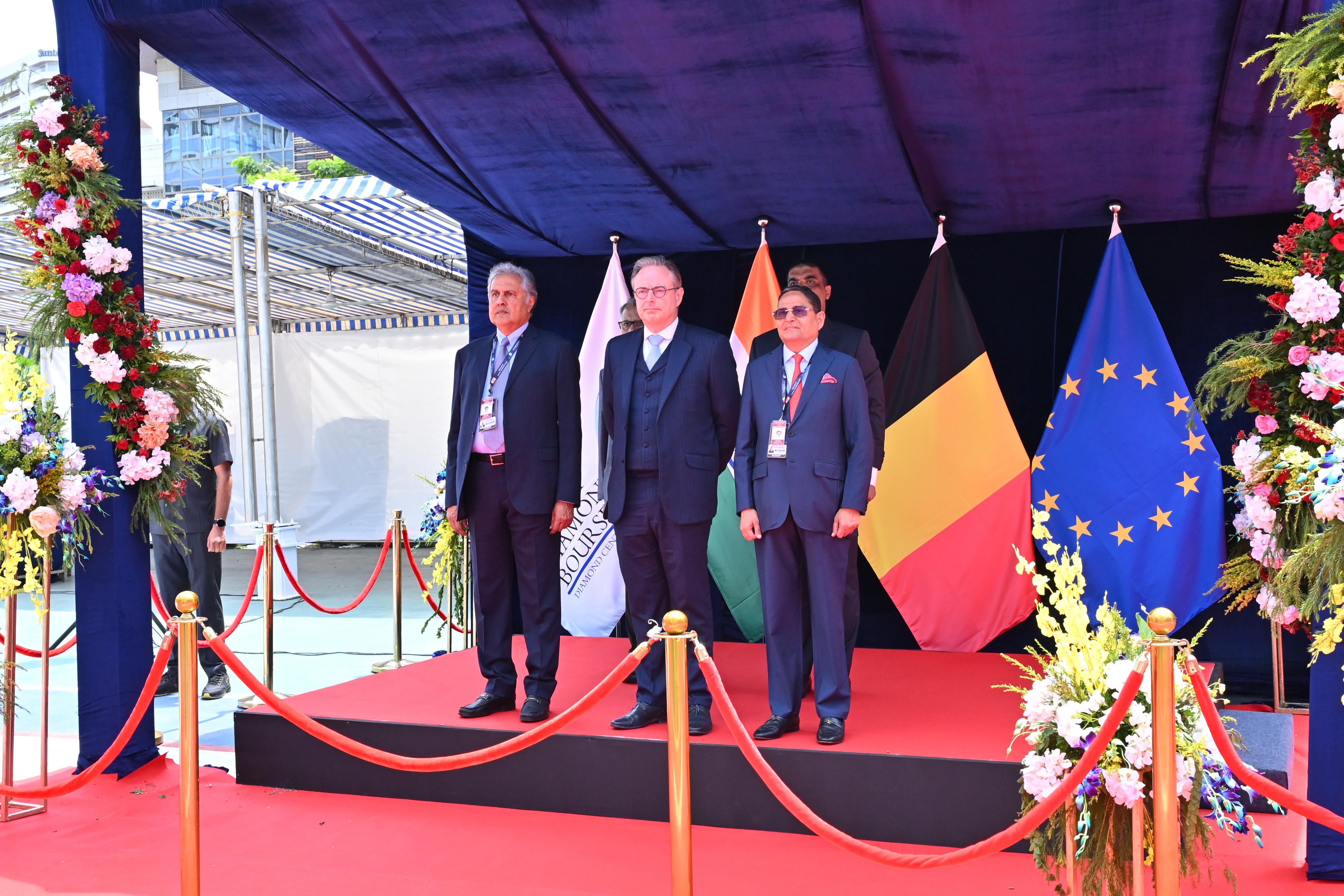 (L-R)Mr  Anoop Mehta President Bharat Diamond Bourse  H E  Mr  Bart De Wever Prime Minister of the Kingdom of Belgium Mr  Kirit Bhansali Chairman GJEPC JPG
